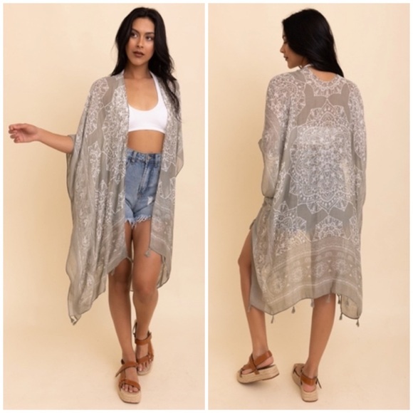 Olive Gray Mandala Printed Tassel Open Kimono Coverup Casual Wrap One Size - Picture 1 of 4